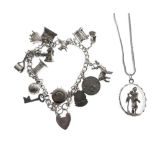 Silver charm bracelet, and an unmarked St Christopher on silver chain,