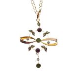 Edwardian peridot, garnet and seed pearl pendant on chain