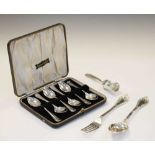 Cased set of spoons, Victorian spoon and fork and Continental caddy spoon