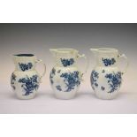 Three Caughley blue and white cabbage leaf-moulded mask jugs