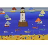 Gordon Barker - Acrylic - 'Flying Kites on the Beach'
