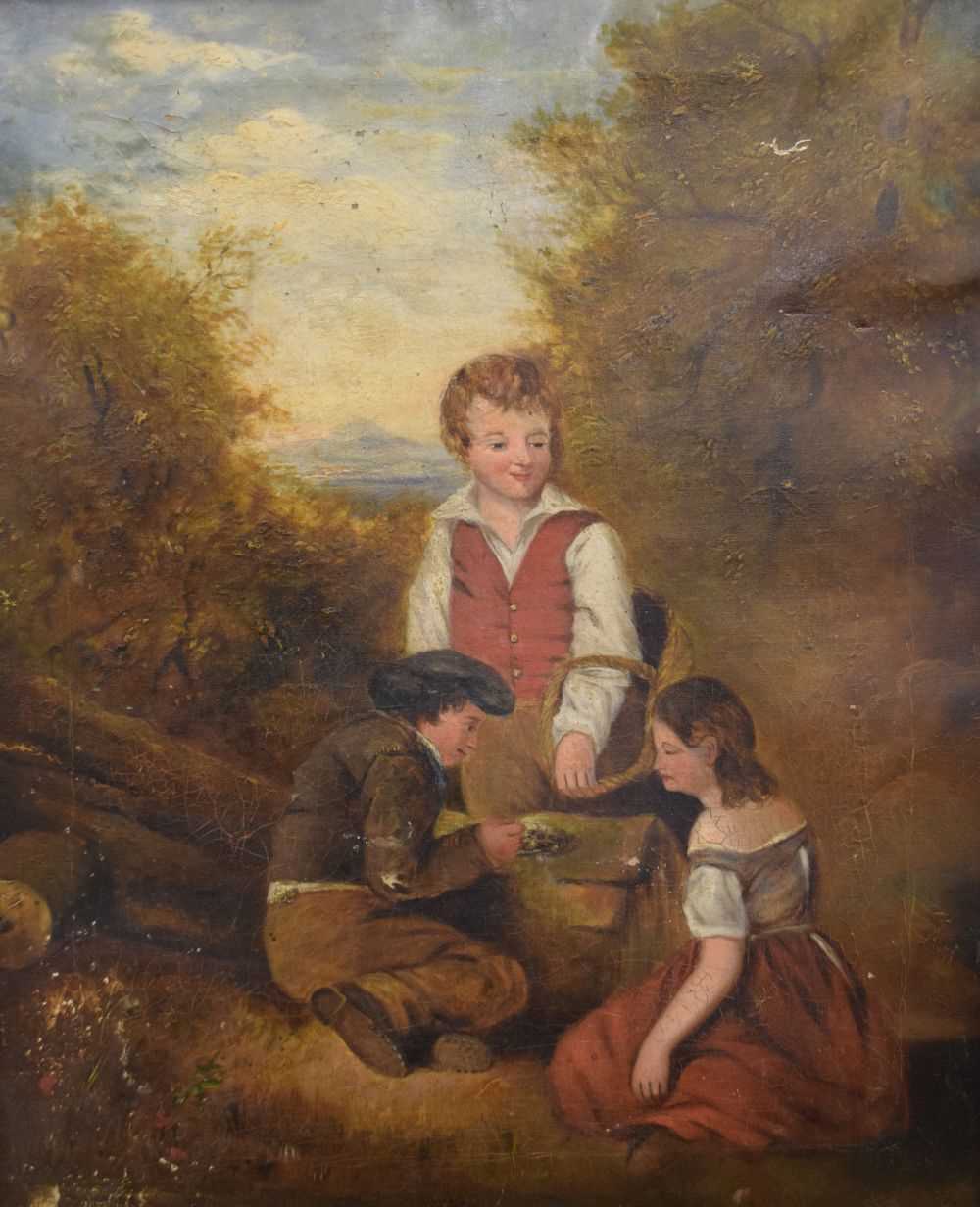 19th Century oil on canvas - Children in forest