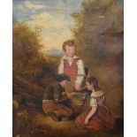 19th Century oil on canvas - Children in forest