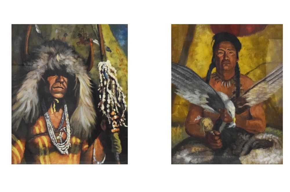 Pair of oil paintings behind glass of Native American Indian Chiefs