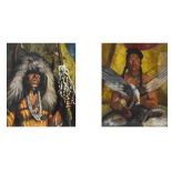 Pair of oil paintings behind glass of Native American Indian Chiefs