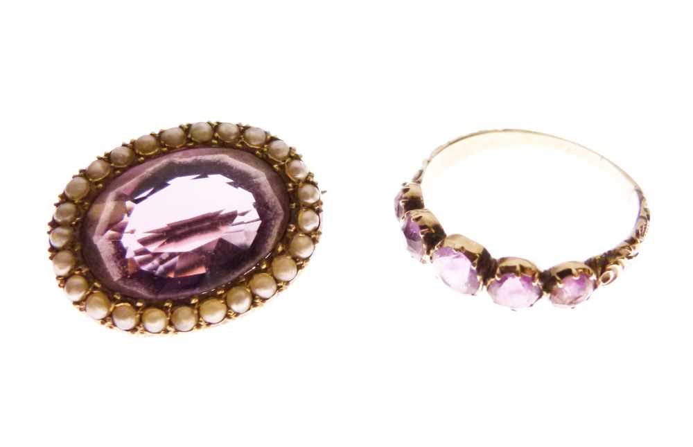 Unmarked seed pearl, and amethyst brooch and a similar ring