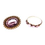Unmarked seed pearl, and amethyst brooch and a similar ring