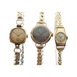 Lady's vintage 9ct gold-cased wristwatch, plus two ladies gold-plated wristwatches