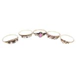 Five 9ct gold gem-set dress rings