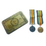 First World War medal pair, Christmas tin and playing cards