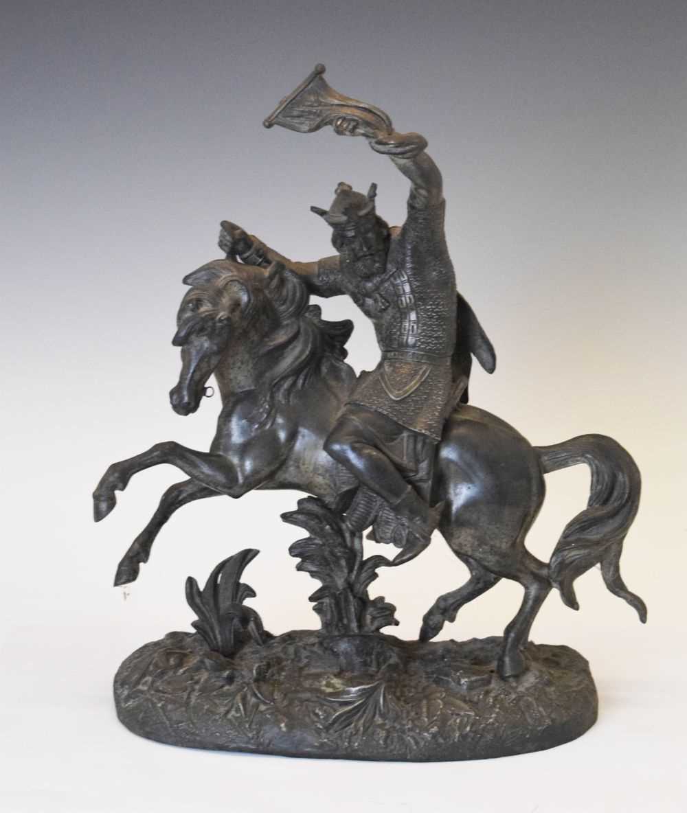 Spelter figure of Medieval King on horseback