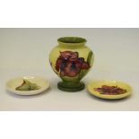 Moorcroft vase, and two pin dishes