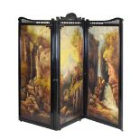 Late Victorian or Edwardian ebonised painted three-fold dressing screen