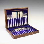 George V oak-cased canteen of silver Old English pattern fish cutlery