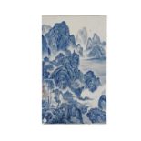 Impressive Chinese blue and copper red-decorated porcelain landscape plaque