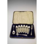 Six silver teaspoons with floral terminals and matching sugar tongs, preserve spoon & butter knife