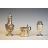 Silver mustard pot and spoon, caster and pepperette