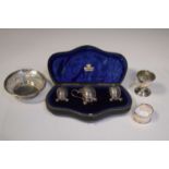 Quantity of small silver, to include; George V cased three-piece silver cruet set