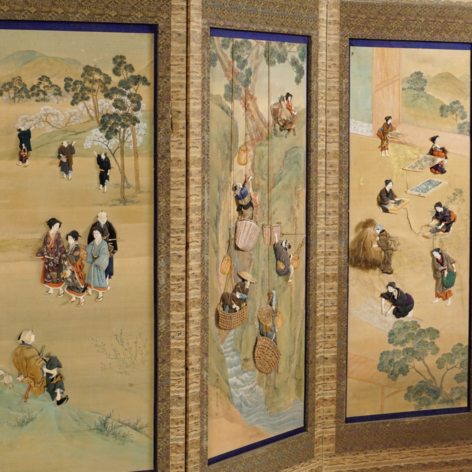 Silk and wood folding screen - Image 3 of 3