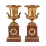 Pair of gilded bronze and marble vases