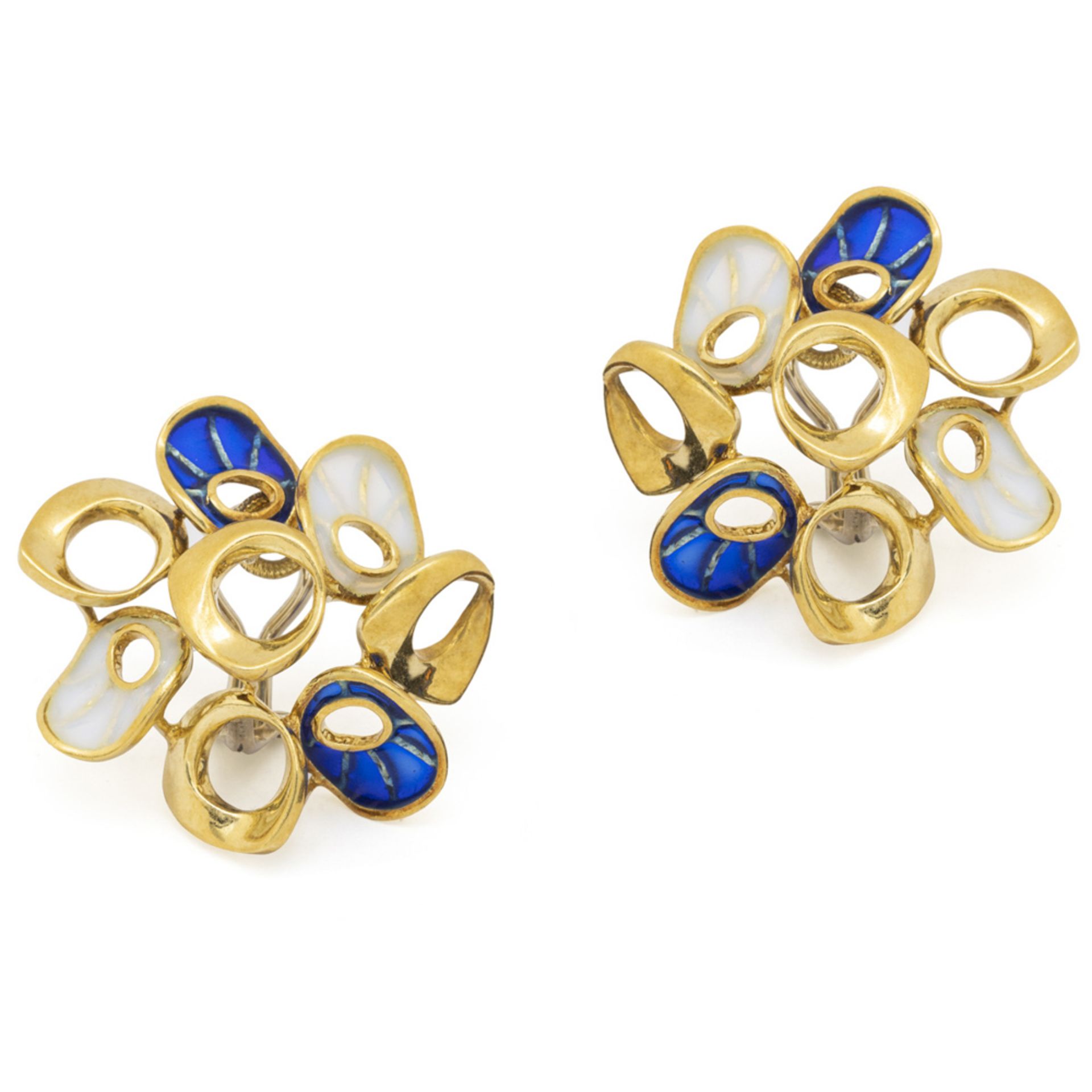 18kt yellow gold and pliqué a jour enamel lobe earrings