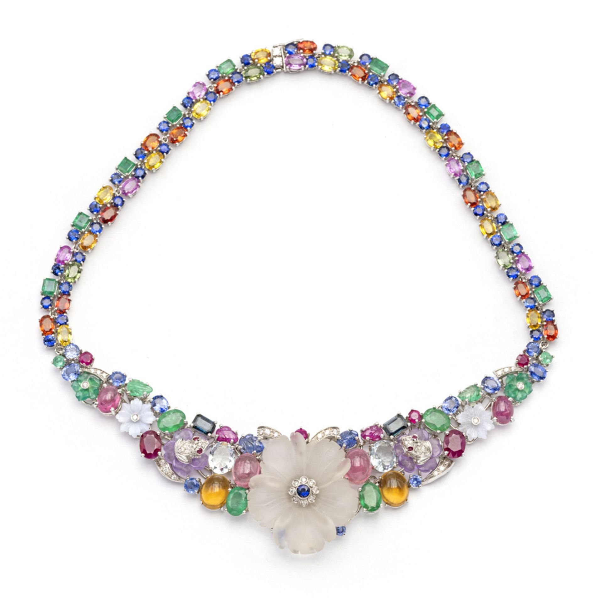 18kt white gold and precious stones tutti frutti necklace