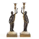 Coppi of gilded, burnished bronze and white marble candlesticks