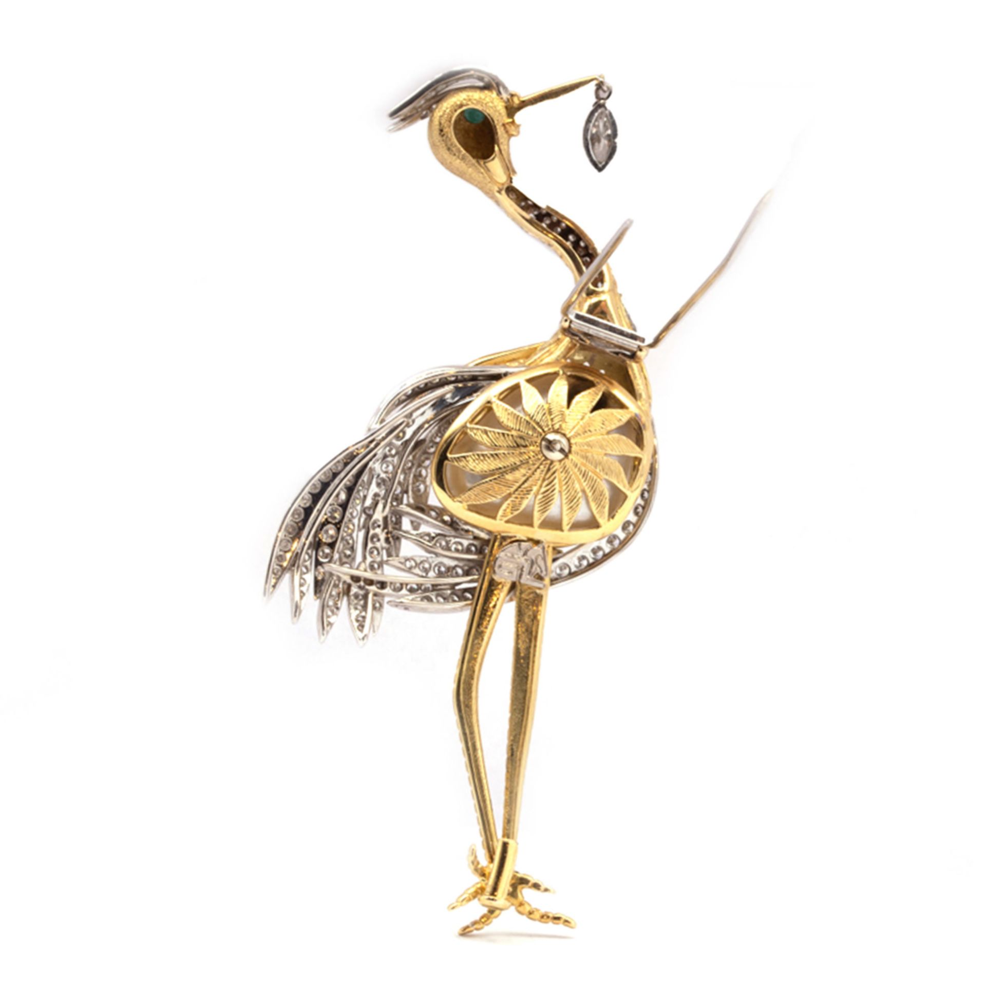 18kt yellow and white gold Stork shaped brooch - Image 2 of 2