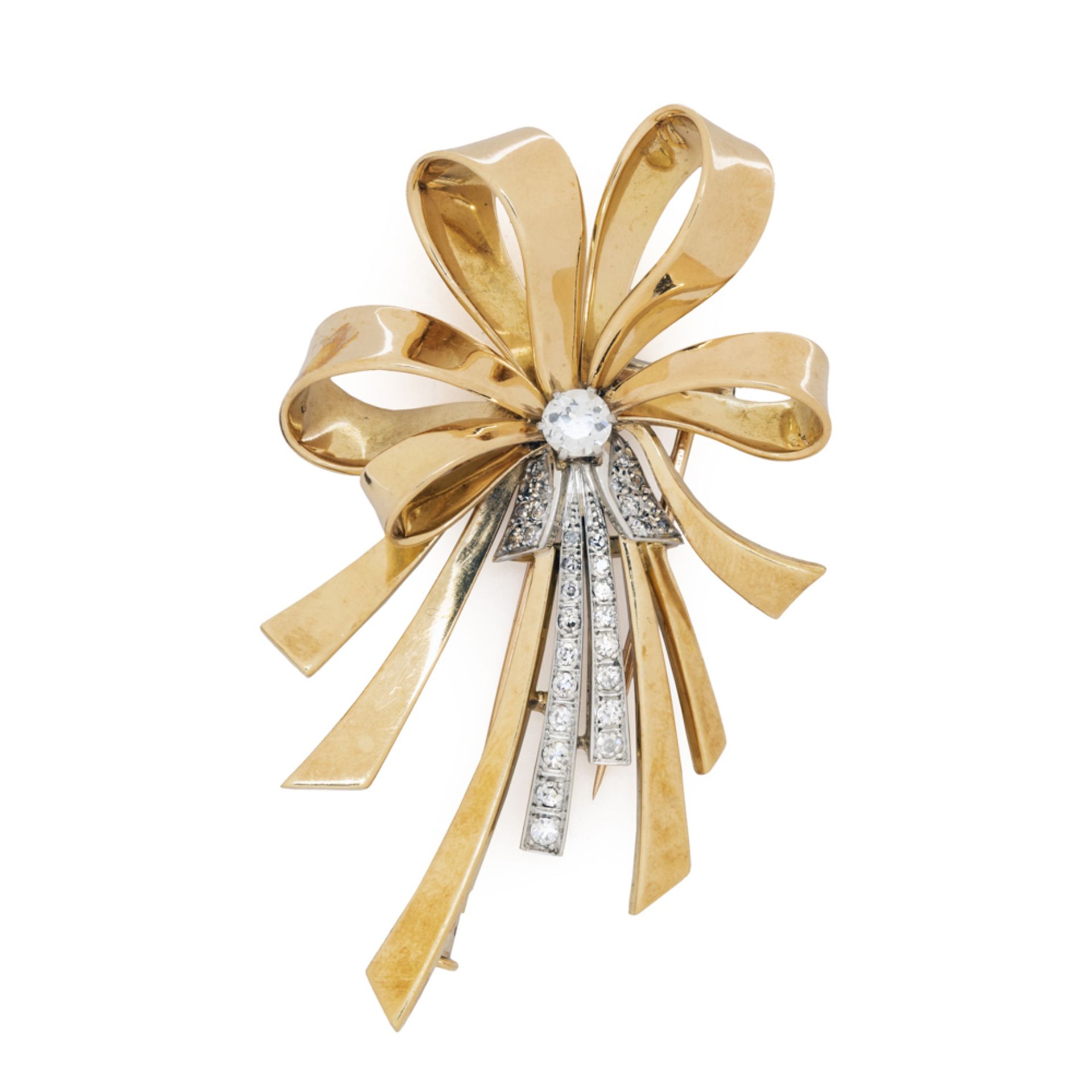 18kt yellow and white gold and diamonds ribbon brooch