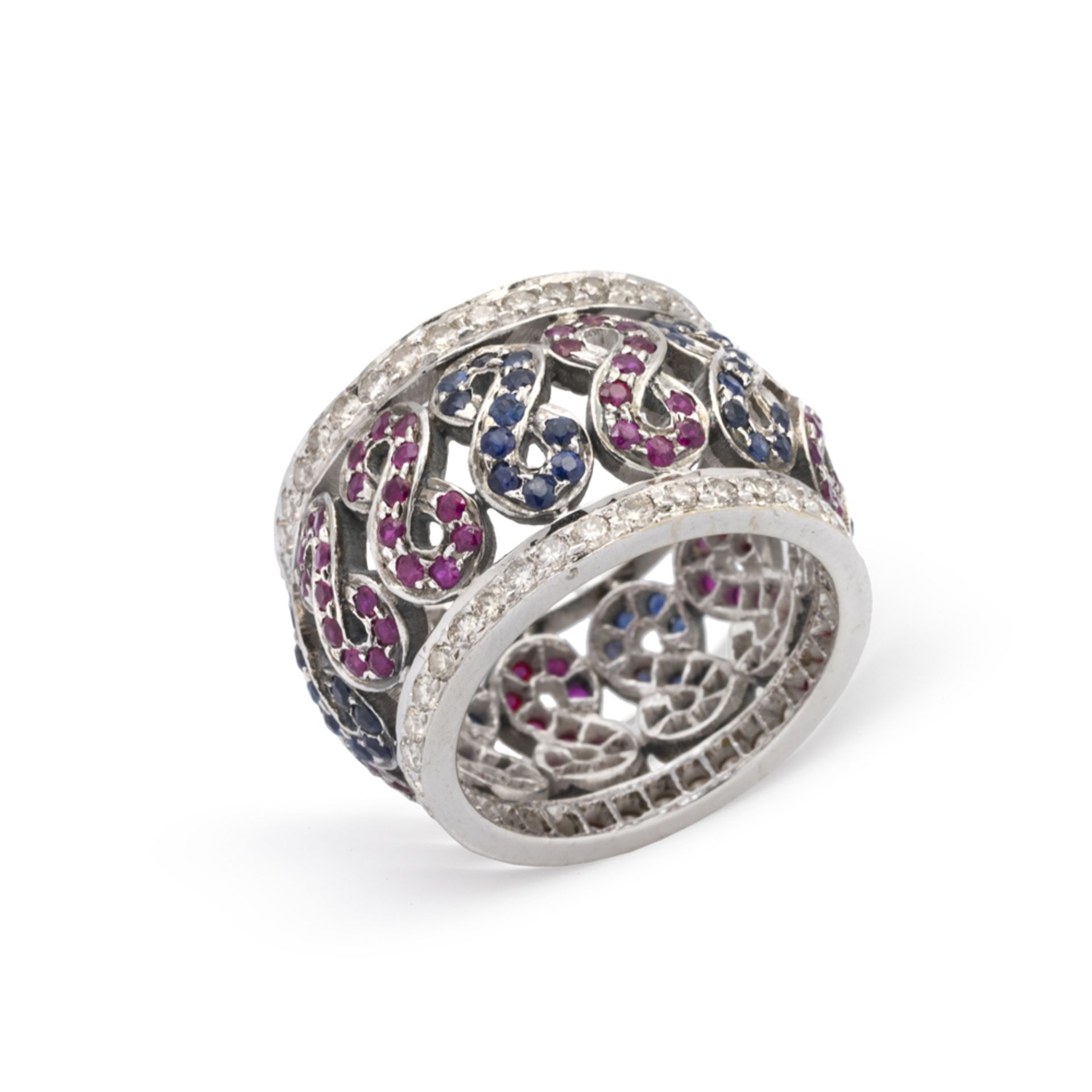 18kt white gold, diamonds, rubies and sapphires Bombé ring