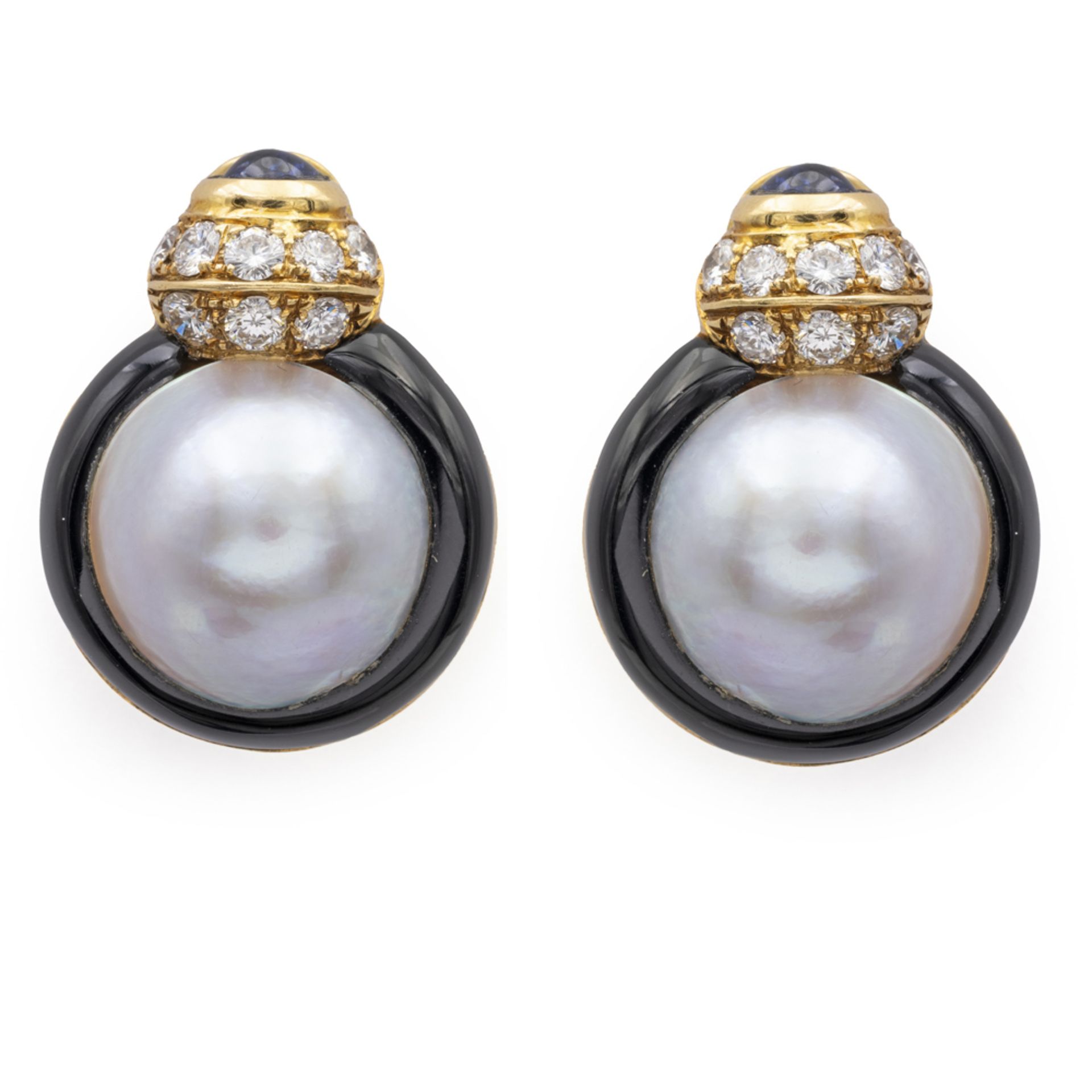 18kt yellow gold mabé black onyx pearls and diamonds lobe earrings