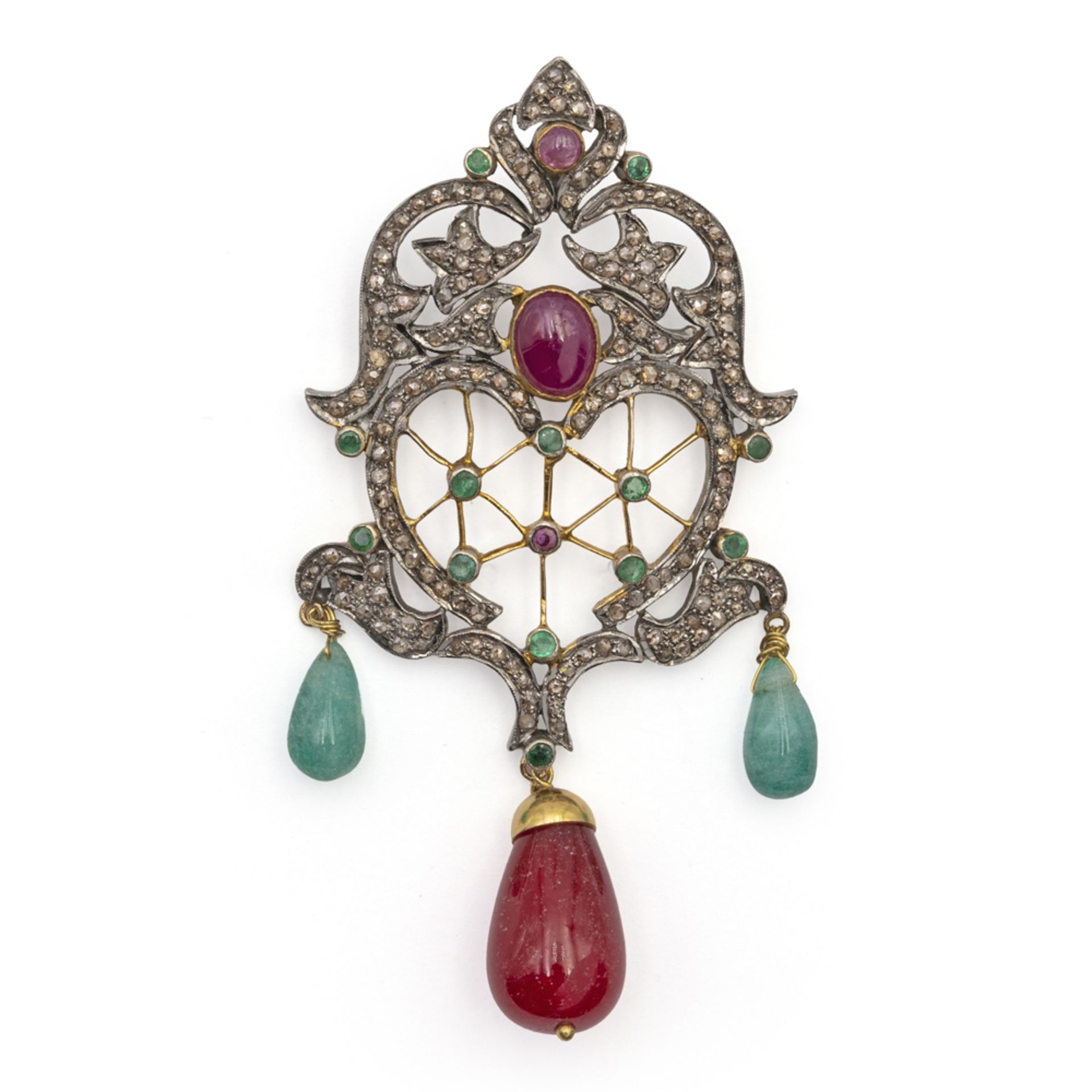 Gold and silver pendant with rubies and emeralds