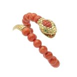 18kt yellow gold and coral Snake bracelet