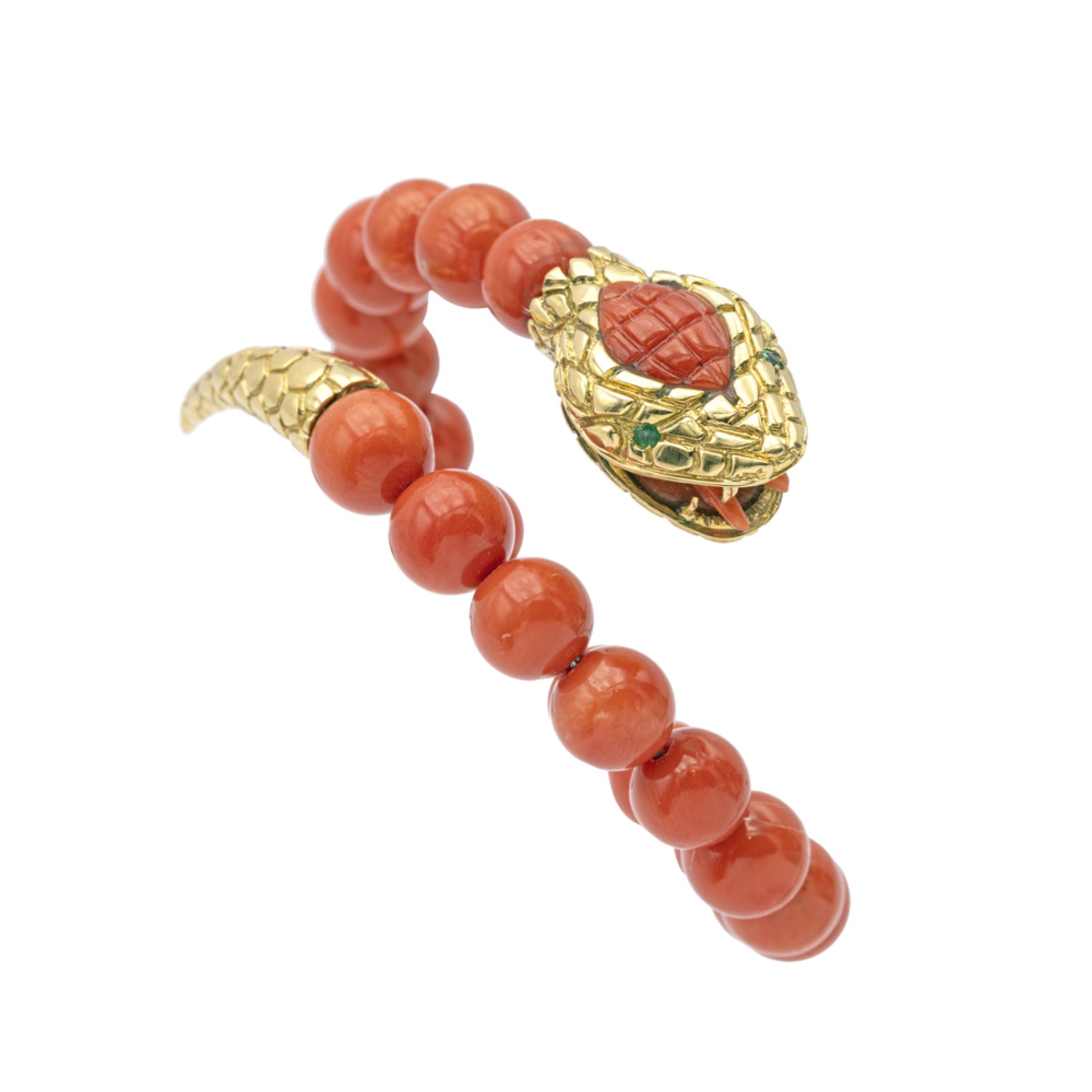 18kt yellow gold and coral Snake bracelet
