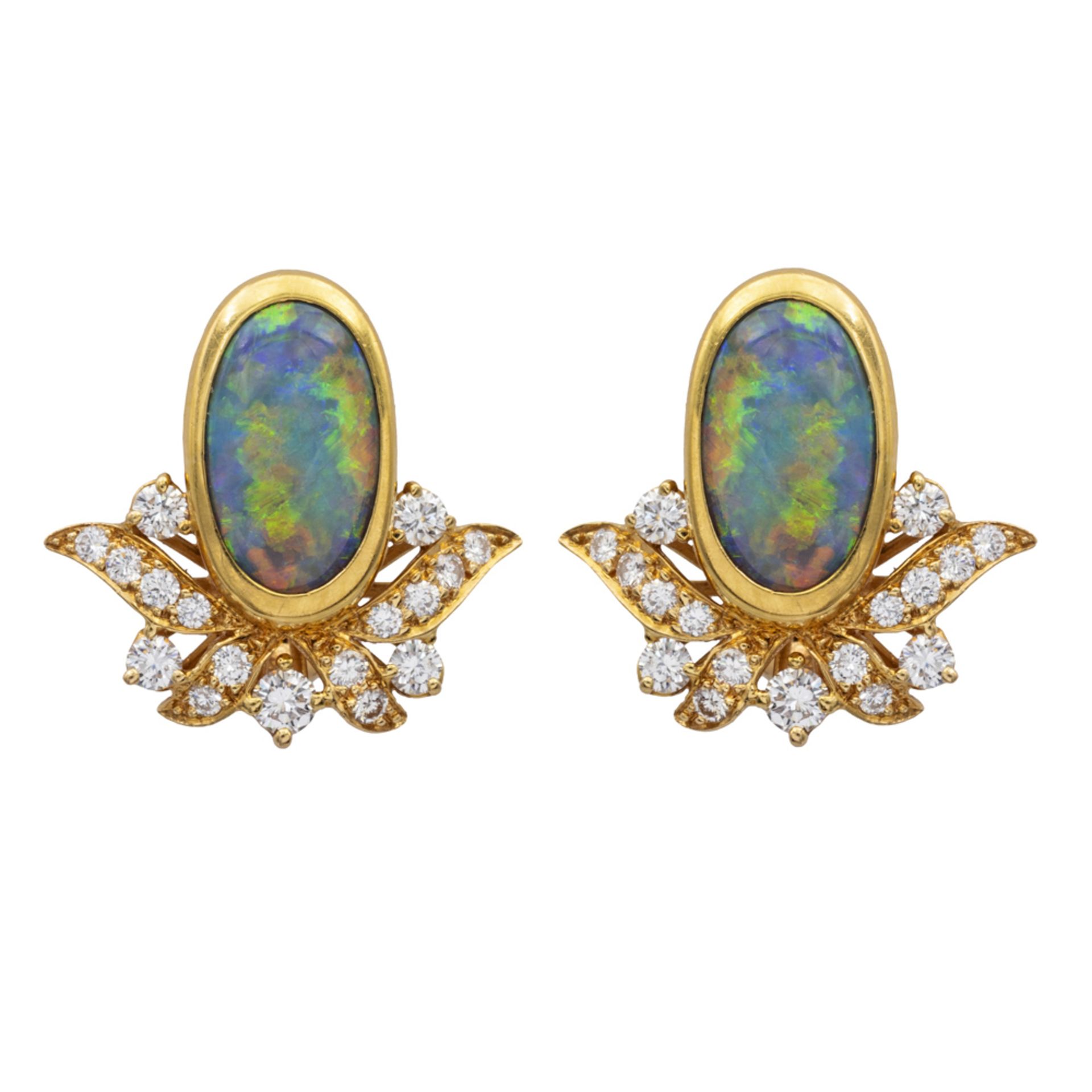 18kt yellow gold harlequin black opals lobe earrings