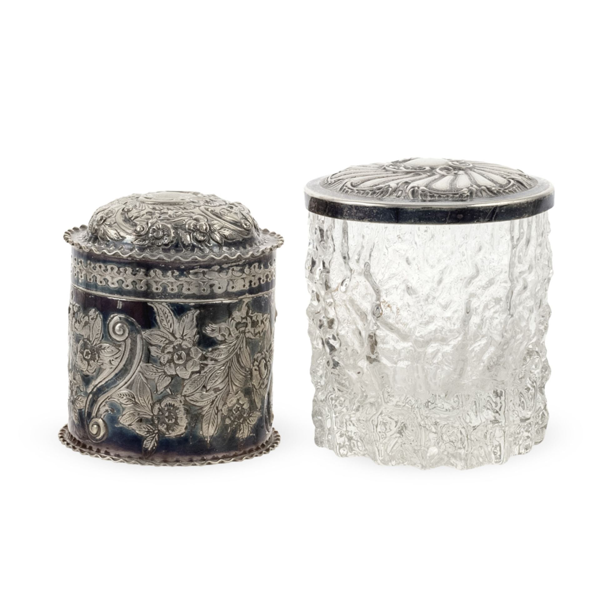 Two containers in silvered metal and ground glass