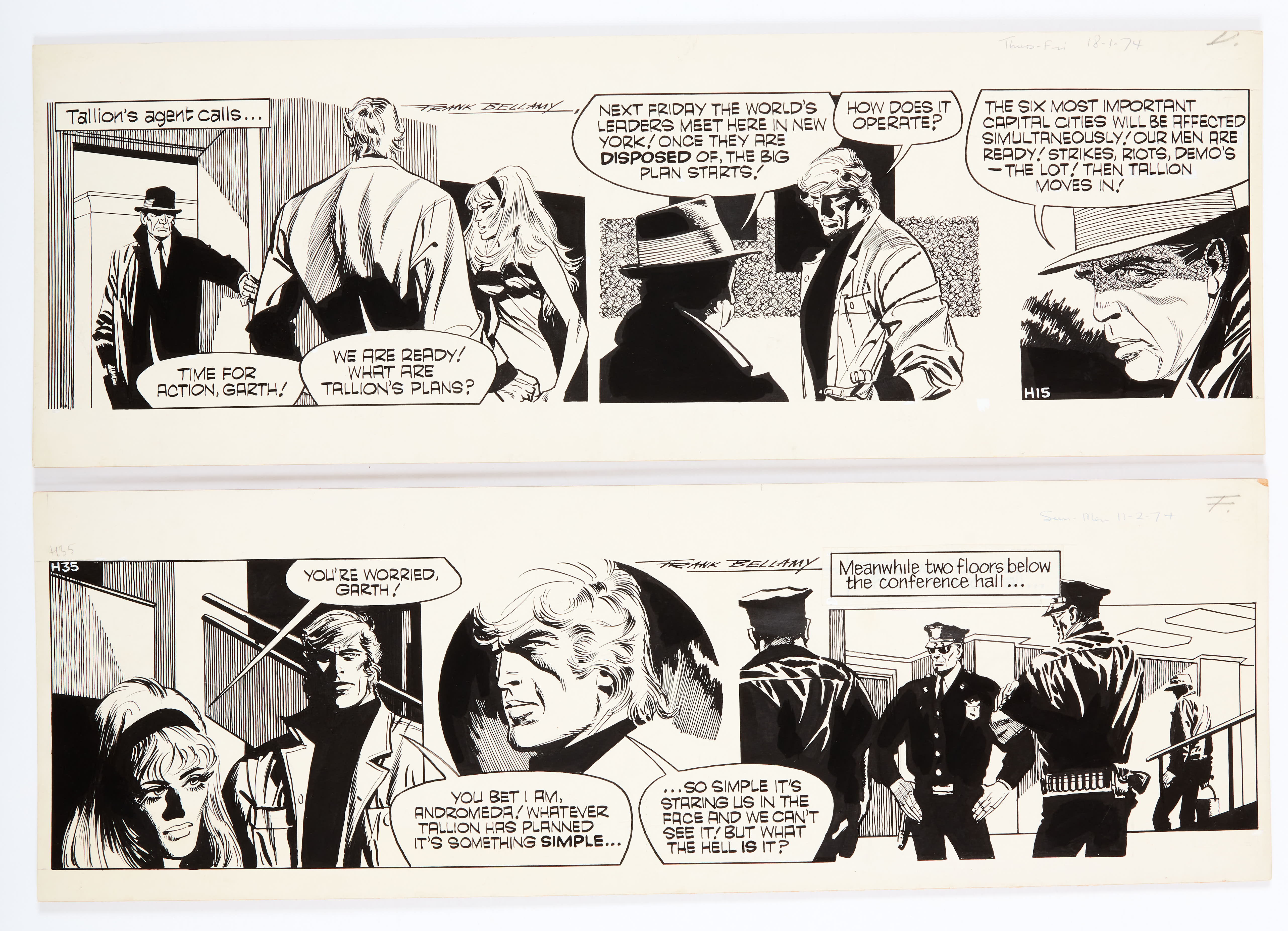 Garth: 'The Wreckers'. Two original artworks (1974) drawn and signed by Frank Bellamy for The D.