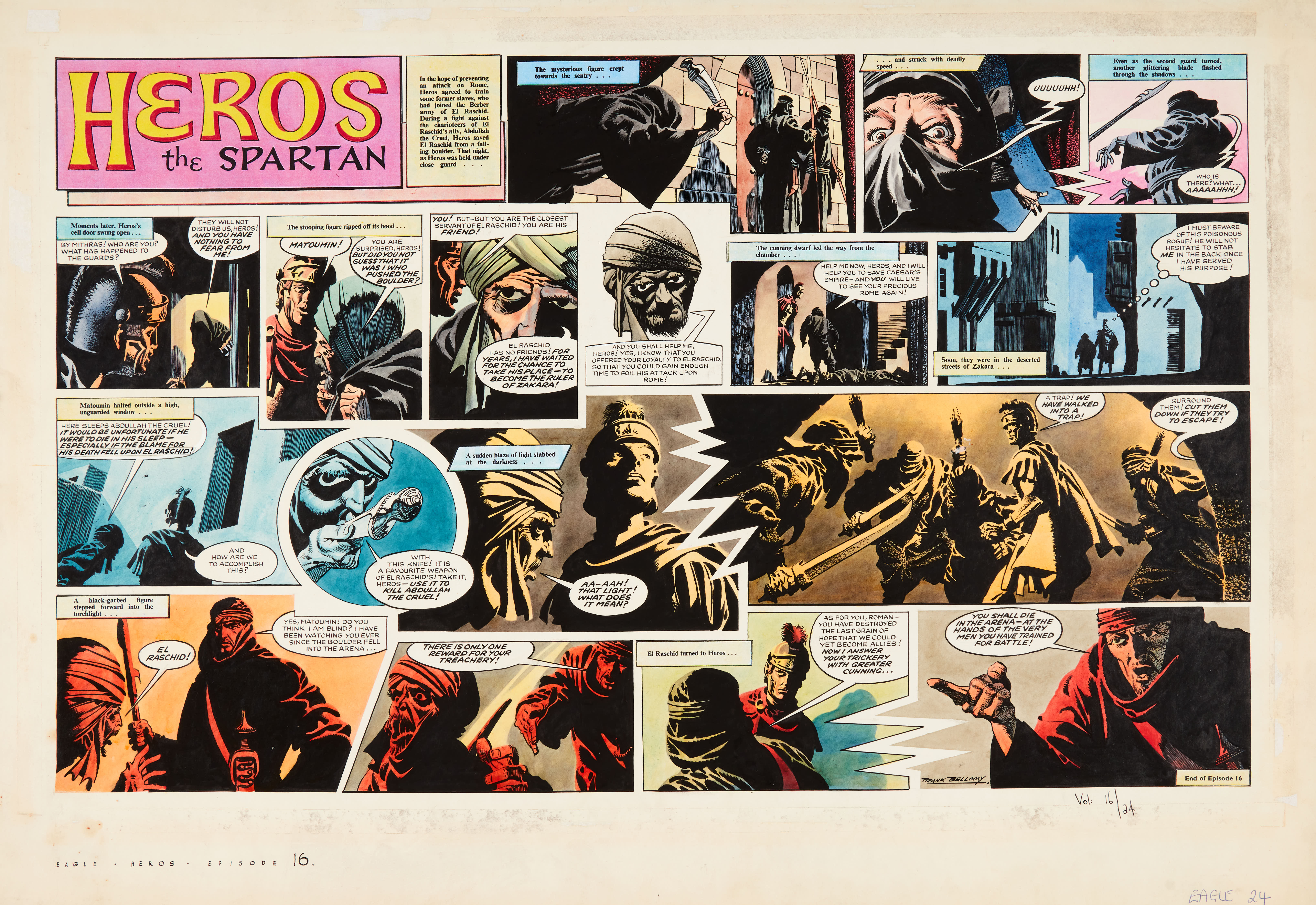 Heros the Spartan original double-page artwork (1965) painted and signed by Frank Bellamy. From