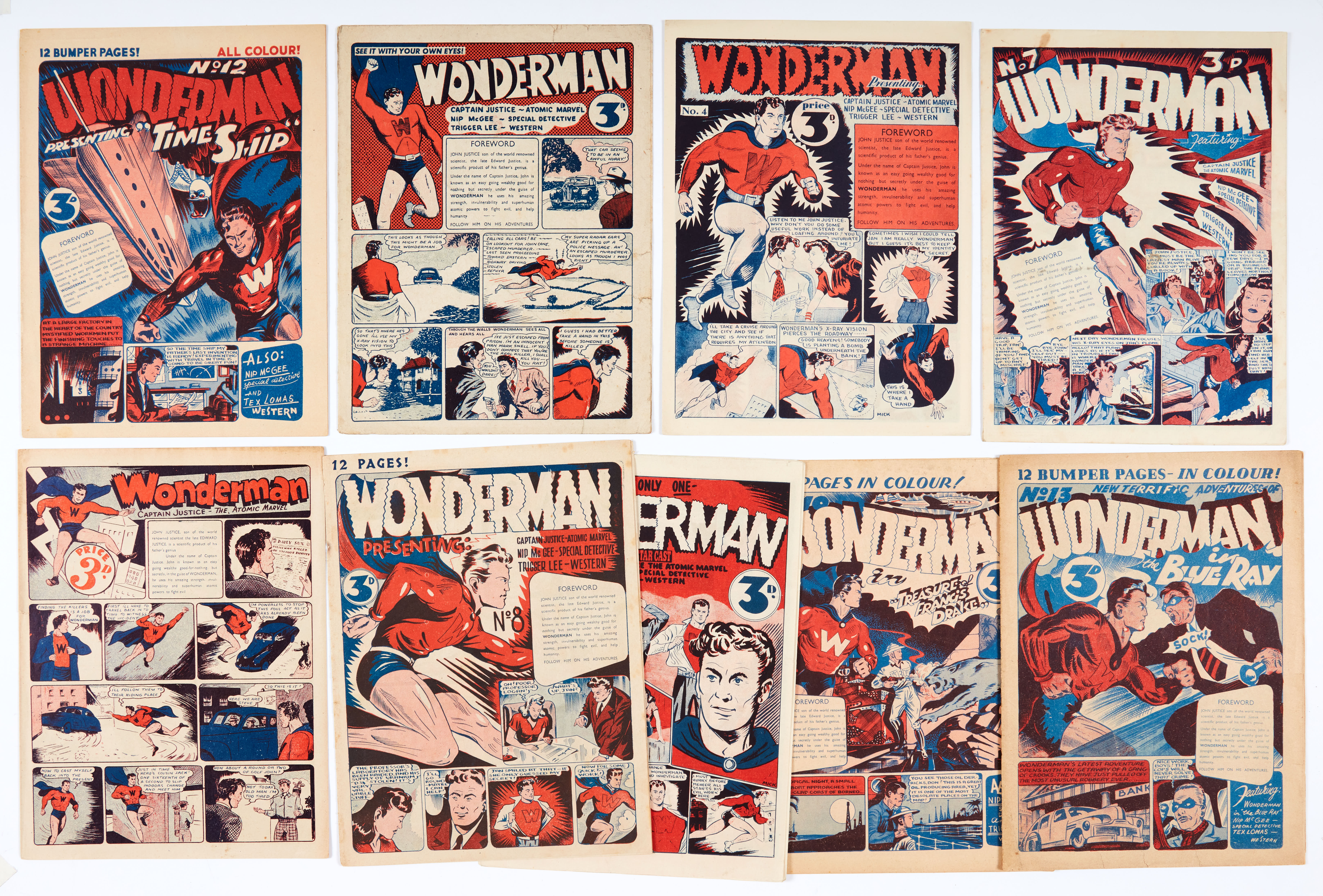 Wonderman (Paget Publ. 1948) 1 [fn], 2, 4, 5, 7, 8, 10, 12, 13. Starring Mick Anglo's first super-