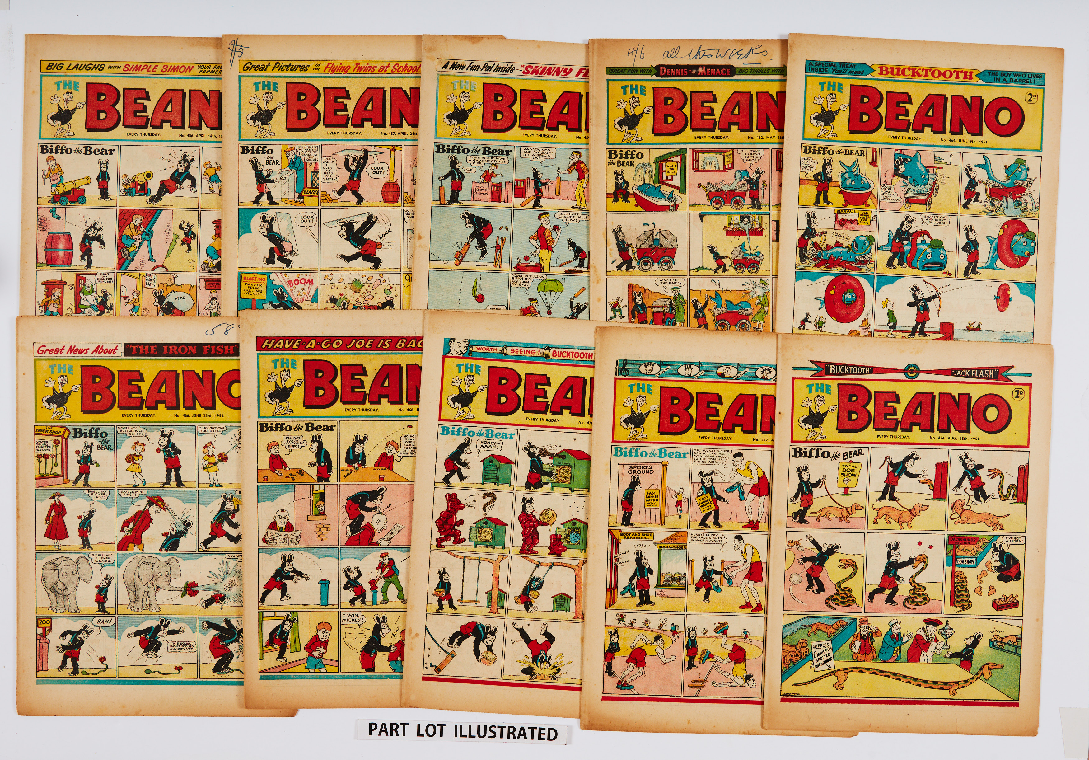 Beano (1951) 456, 457, 459, 462, 464, 466-475 with (1950) 400, 416. Nos 462, 473 [gd], balance [vg/
