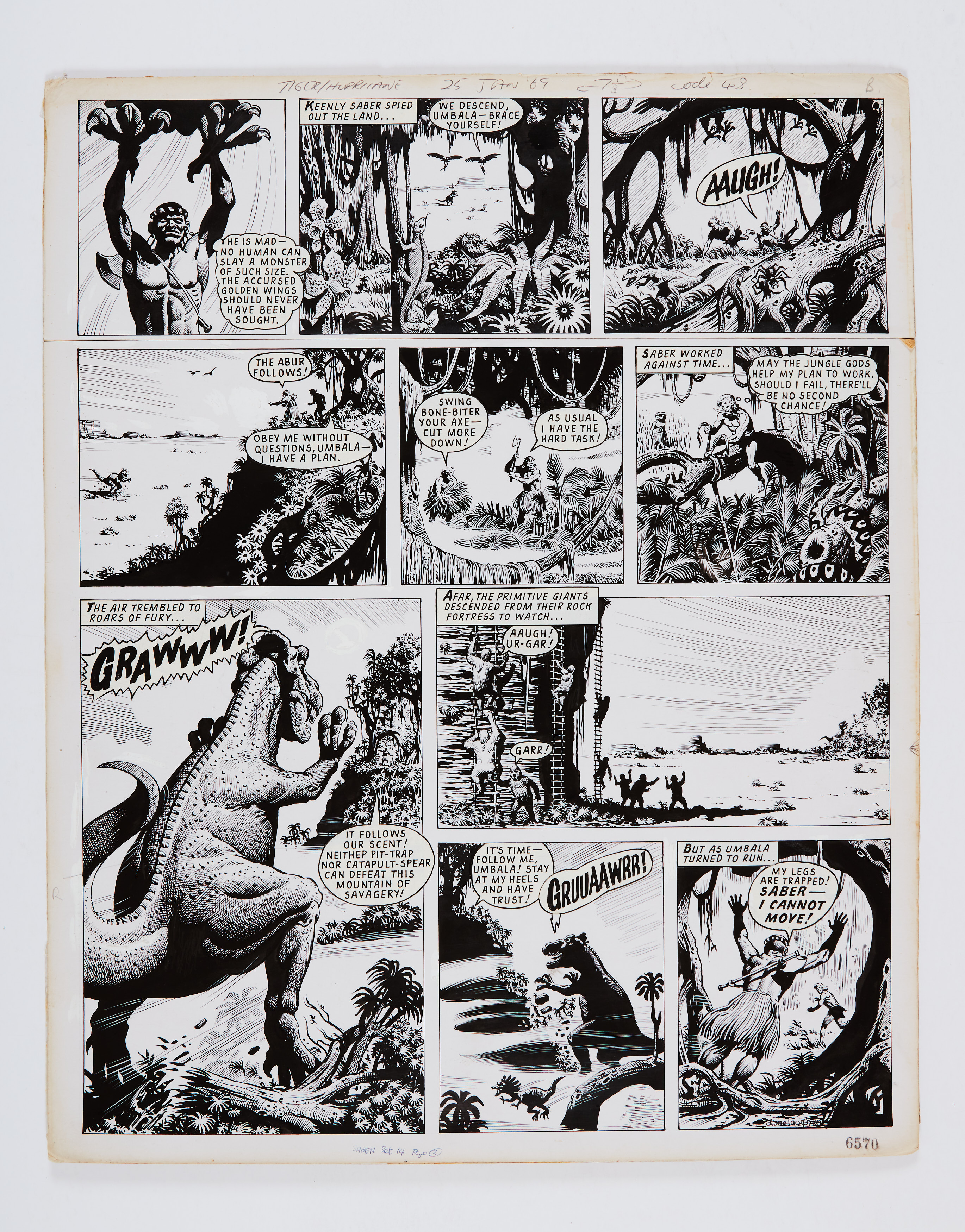 Saber original artwork (1969) drawn and signed by Denis McLoughlin for Tiger & Hurricane 25 Jan
