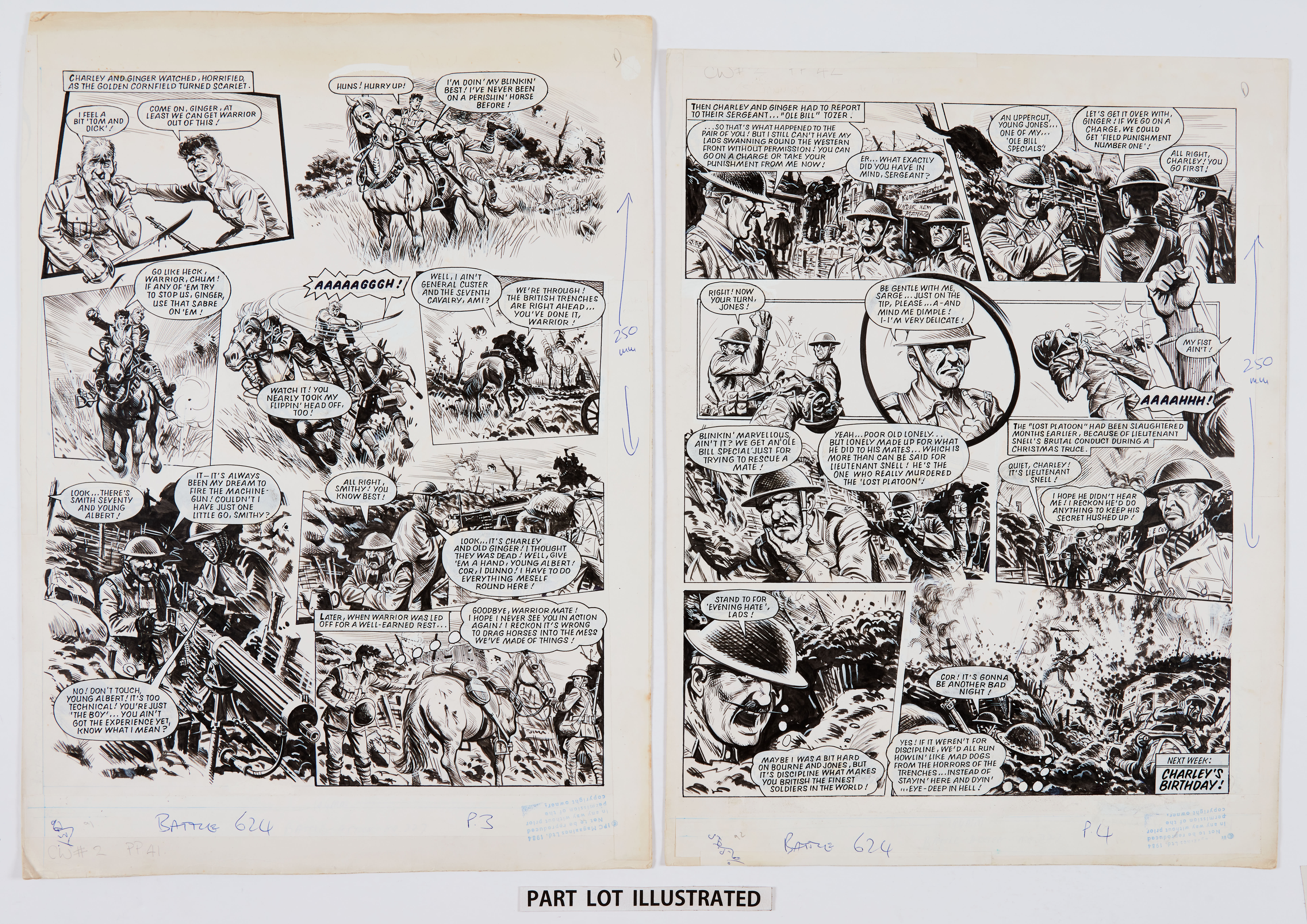 Charley's War: 3 original consecutive artworks (1984) by Joe Colquhoun from Battle No 624 pgs 2- - Image 2 of 2