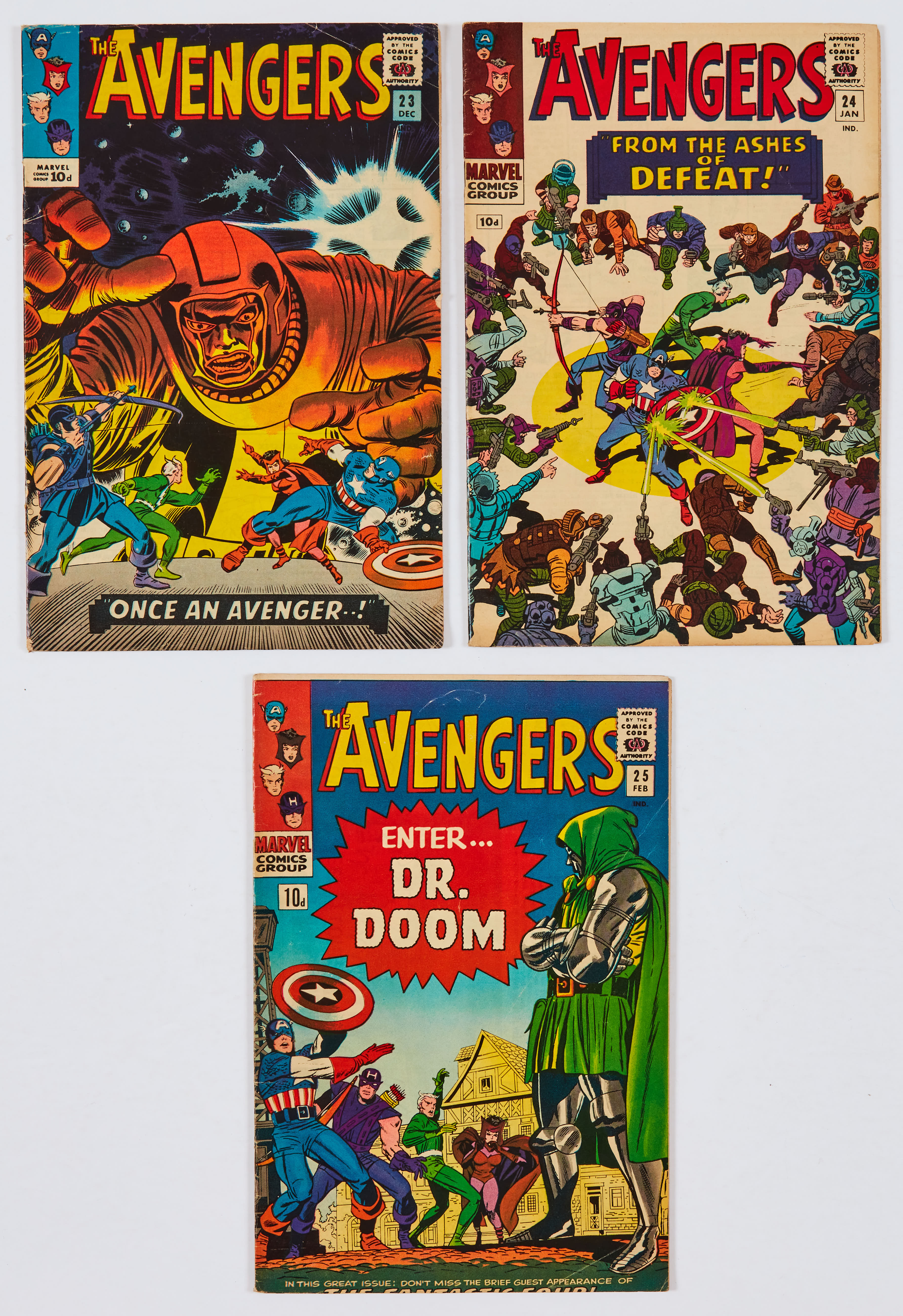 Avengers (1965-66) 23-25. Comics Code 'A' touched in with red pen [vg/vg+] (3). No Reserve