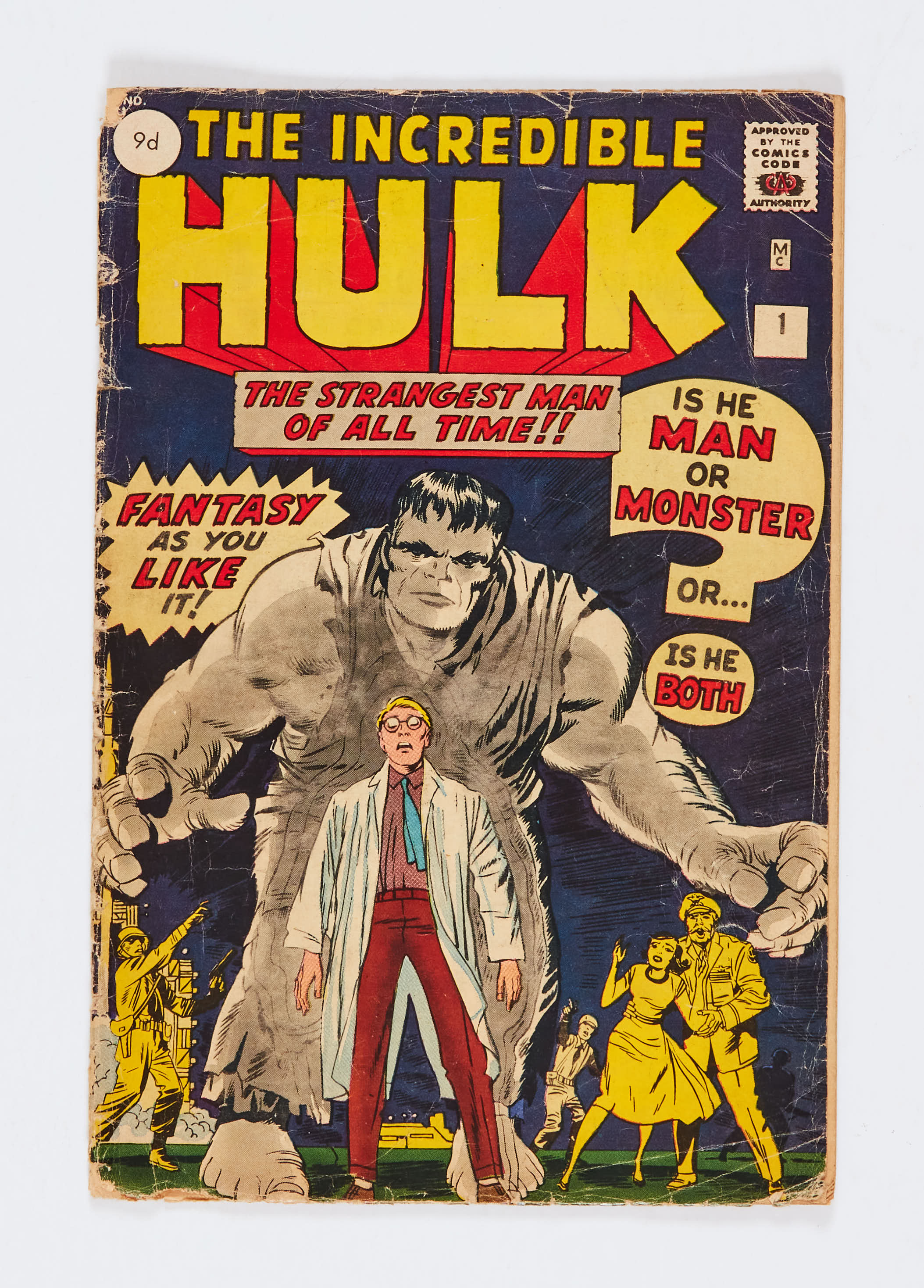 Incredible Hulk 1 (1962) Well worn spine with narrow bottom edge bug chew 1" long either side of spi