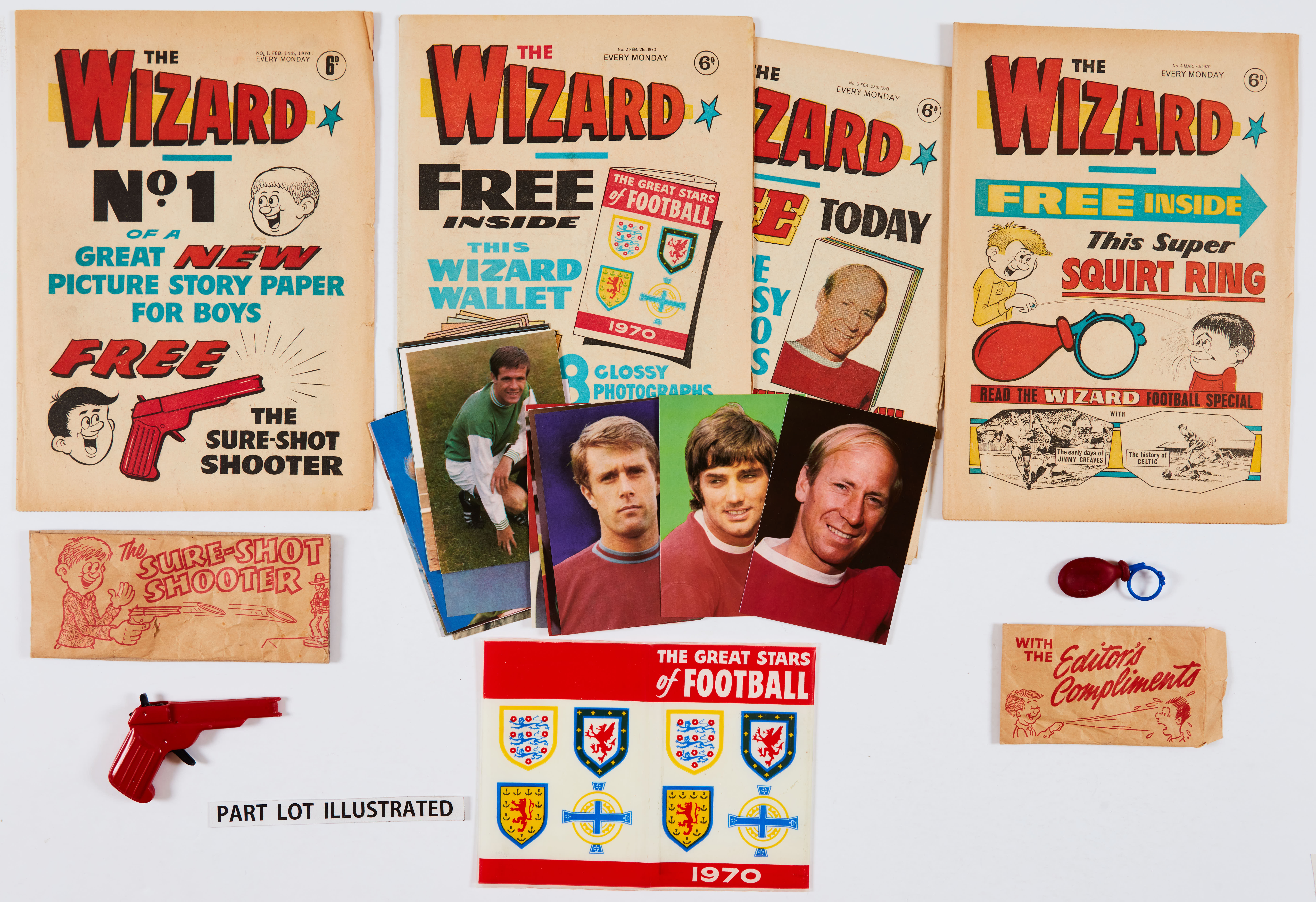 Wizard (Feb-Dec 1970) 1-46. Complete year with free gifts with No 1 Sure-Shot Shooter in illustrated