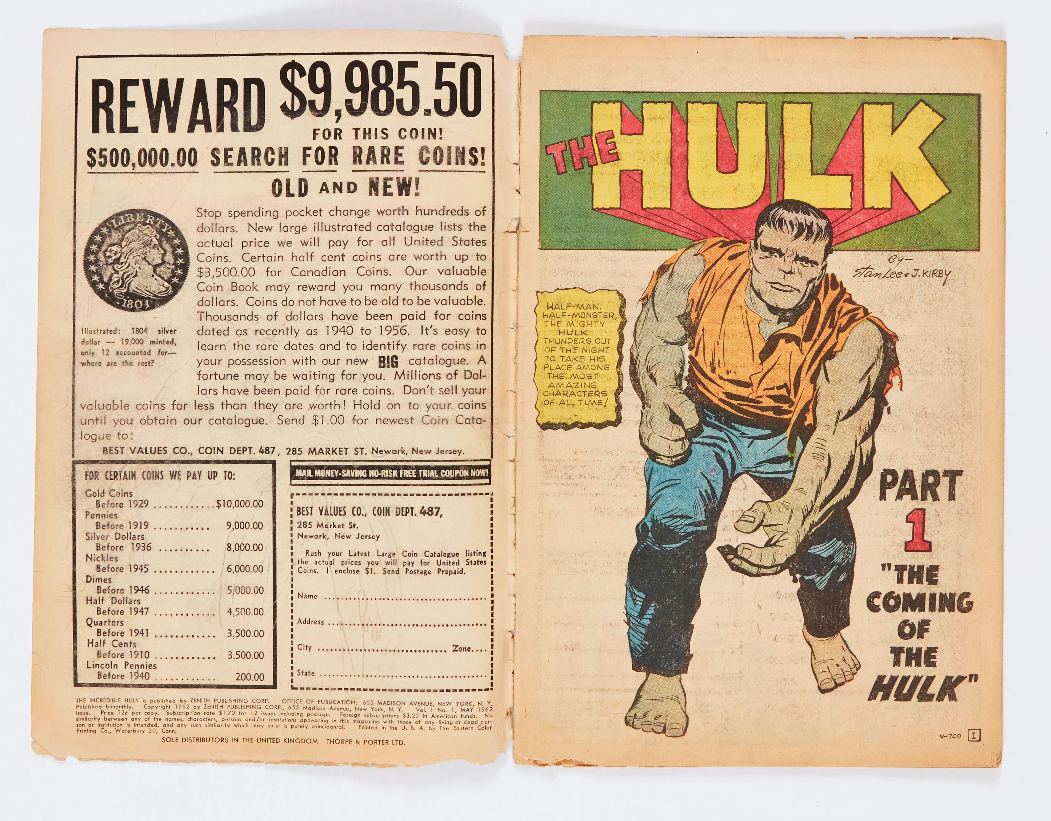 Incredible Hulk 1 (1962) Well worn spine with narrow bottom edge bug chew 1" long either side of spi - Image 3 of 6