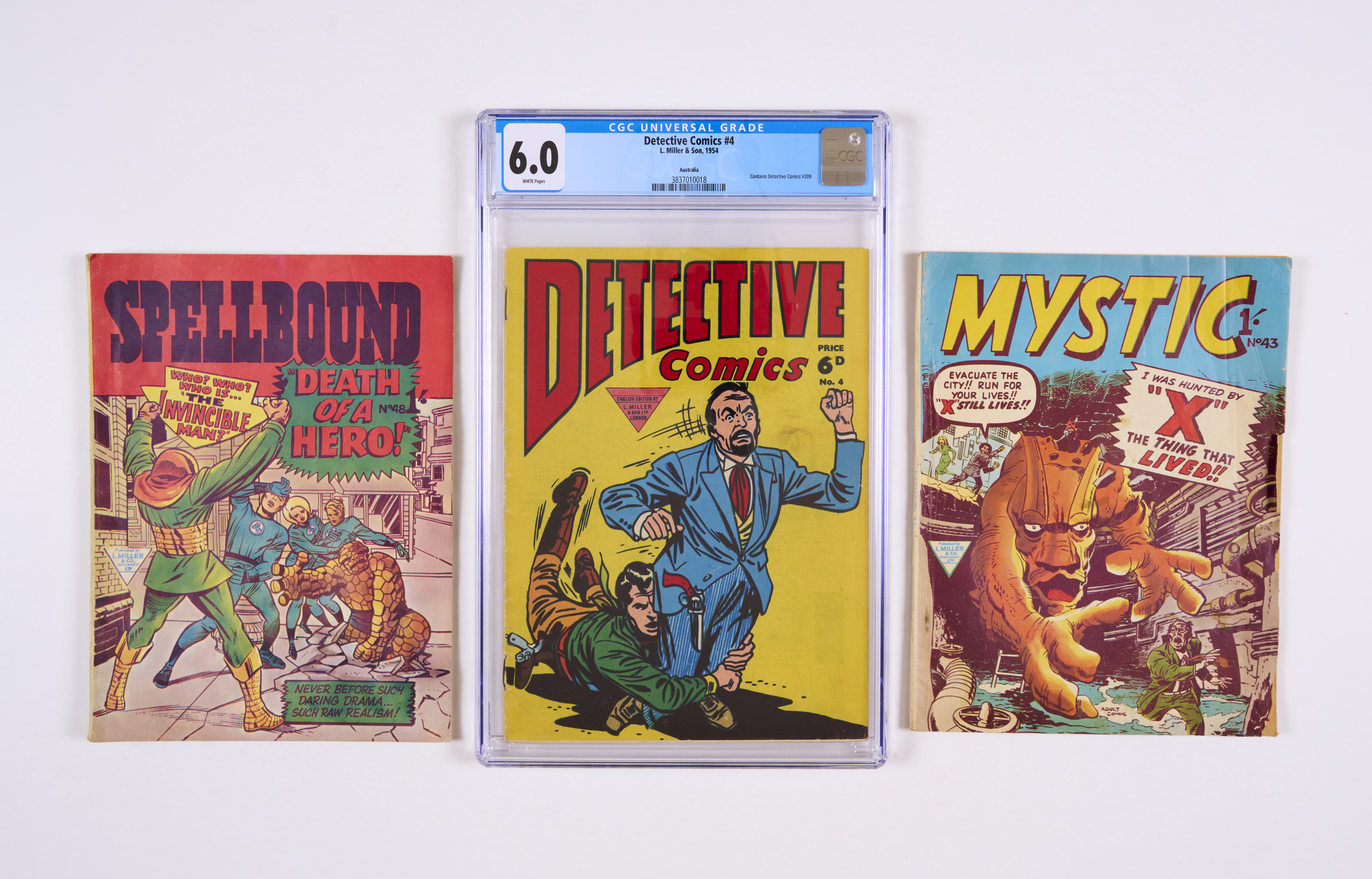 Detective 4 (L. Miller 1950s) CGC 6.0. With Mystic 43 [vg], and Spellbound 48 (F. Four cover) [