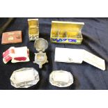 STAMP BOXES & MOISTENERS - two antique star base cut glass roller moisteners, two porcelain boxes,