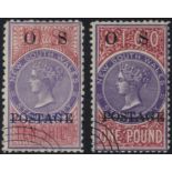 1887-90 Officials 10s Perf 10 & £1 P.12 x 11 'OS' Type 02 overprints, both c.t.o, the 10s with