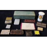 19th/20thC selection of white metal, leather incl. pairs combination types for stamps and vestas,